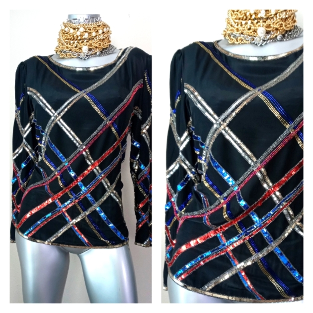 "ARGENTI" VinTage 100% Silk Sequins & Beads Cocktail Top - Picture 9 of 16